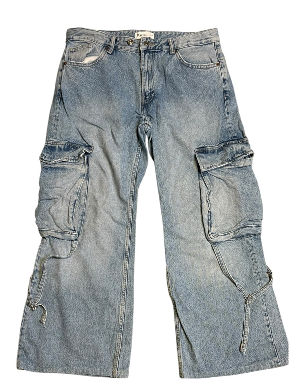 ZARA Boyfriend Baggy Wide Leg Cargo Jeans Size 10 Light Wash Grunge Y2K